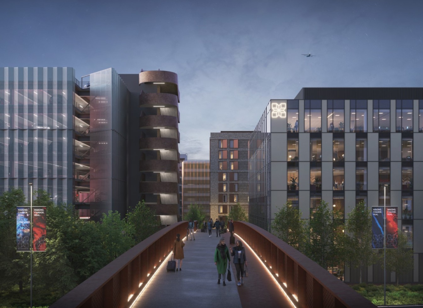 MIX Manchester at dusk CGI of Mix Manchester at dusk