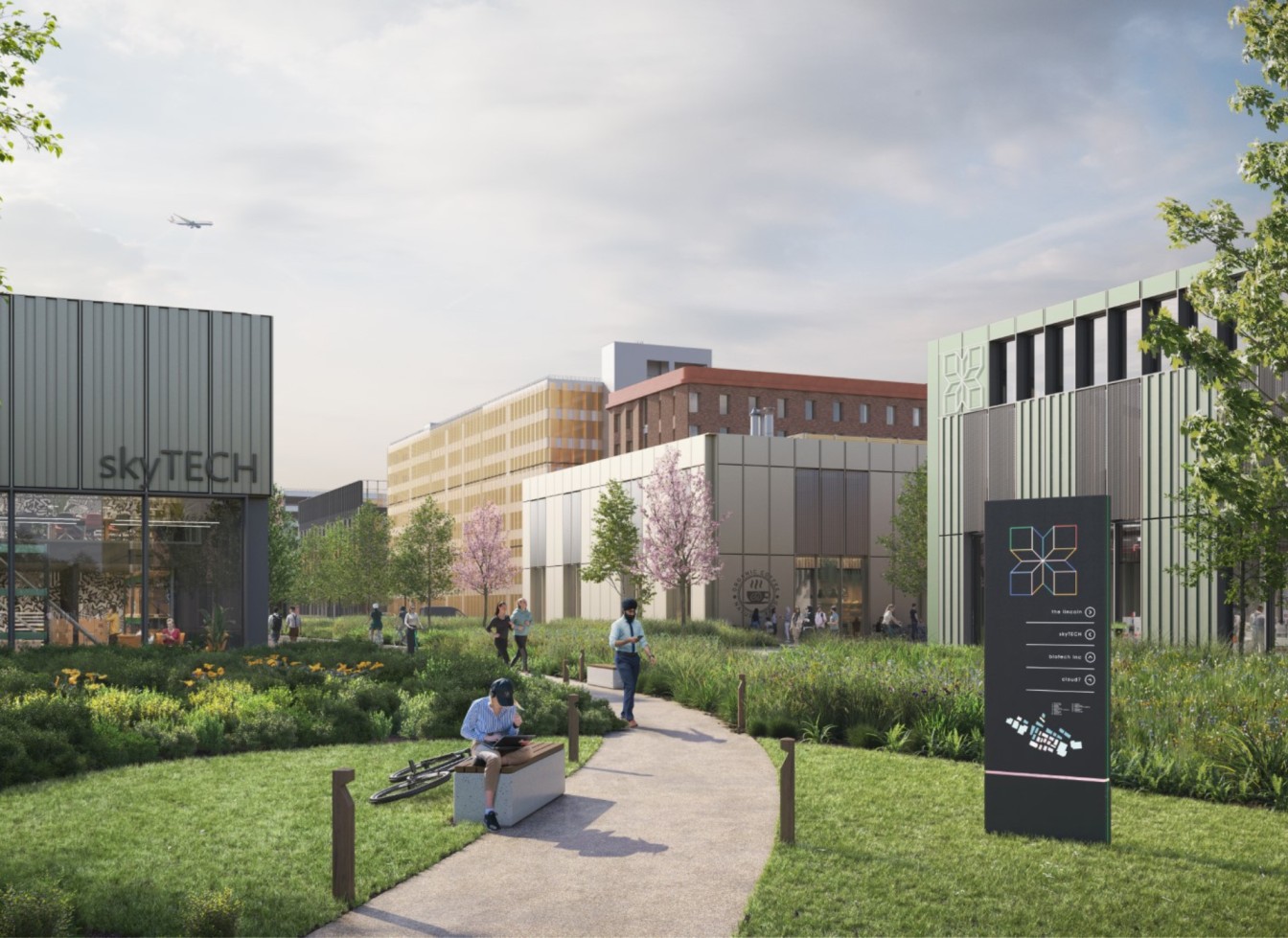 CGI Mix Mcr CGI of green space at mix manchester and people walking and running outside