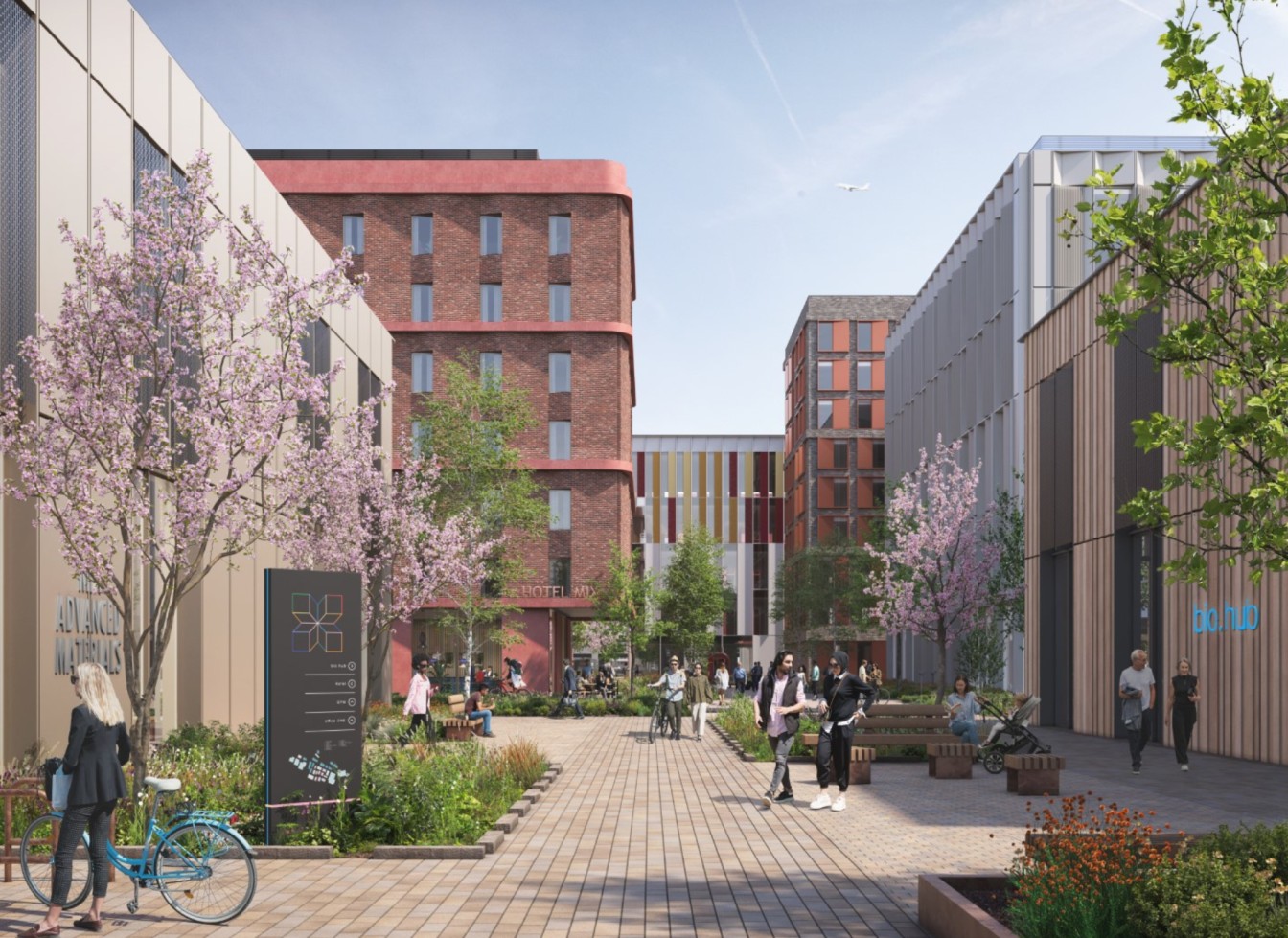 Mix Mcr CGI public realm CGI Mix Manchester public realm with people walking through