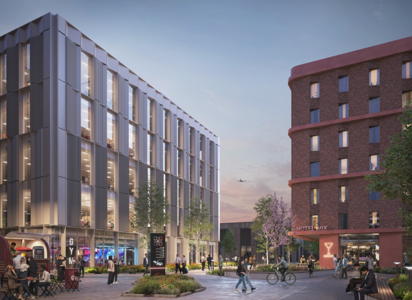 Mix MCr at dusk CGI public realm cgi mix manchester with hotel and gym and outdoor cafe