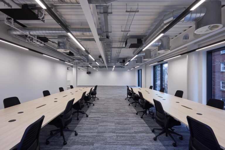 large office floor plate with tables and desks fitted